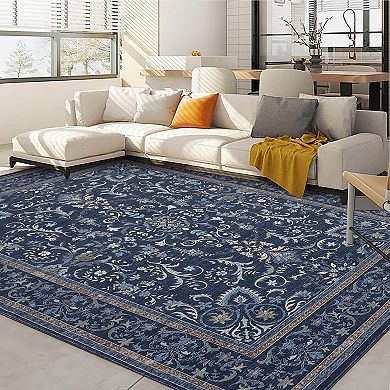 Boho Vintage Floral Rug Stain Resistant Low Pile Non Slip Soft Thin Carpet
