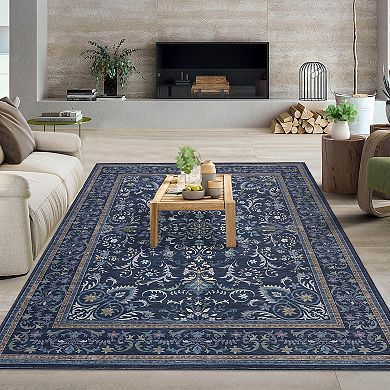 Boho Vintage Floral Rug Stain Resistant Low Pile Non Slip Soft Thin Carpet