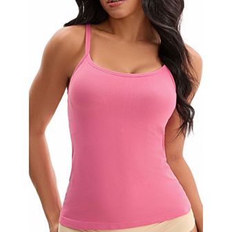 Women's Spaghetti Straps Camisoles with Built-In Bras Basic Breathable Sleeveless Undershirts Tops