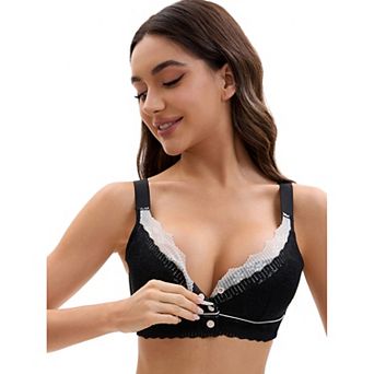 Front Closure for Women's Lace Full Coverage V Neck Wirefree Adjustable Straps Soft Bras