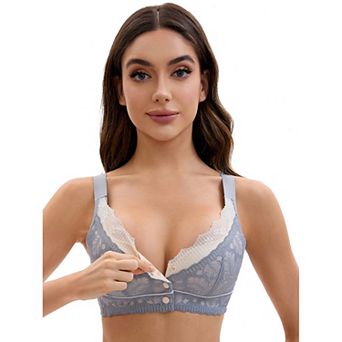 Front Closure for Women's Lace Full Coverage V Neck Wirefree Adjustable Straps Soft Bras