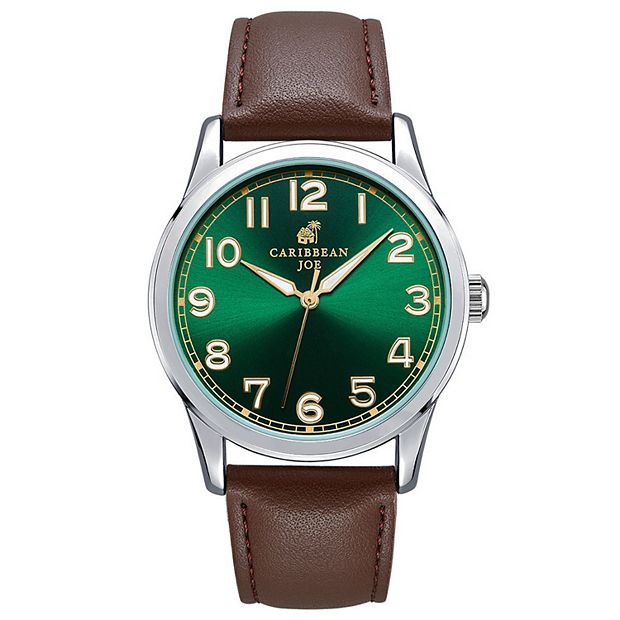 Caribbean Joe Men's Easy Read Green Dial Leather Strap Watch