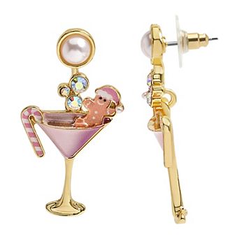 LC Lauren Conrad Gold Tone Simulated Pearl Gingerbread Man Martini Glass Stud Earrings