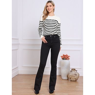 Striped Sweater for Women's Drop Shoulder Crew Neck Long Sleeve Color Block Pullover Knitted Tops
