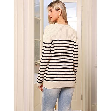 Striped Sweater for Women's Drop Shoulder Crew Neck Long Sleeve Color Block Pullover Knitted Tops