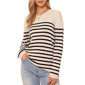 Striped Sweater for Women's Drop Shoulder Crew Neck Long Sleeve Color Block Pullover Knitted Tops