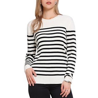 Striped Sweater for Women's Drop Shoulder Crew Neck Long Sleeve Color Block Pullover Knitted Tops