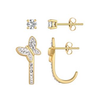 Chrystina 14k Gold Plated 2-Pair Crystal Stud & Butterfly Hoop Earring Set
