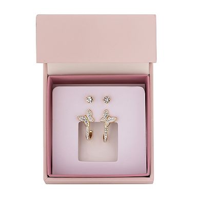 Chrystina 14k Gold Plated 2-Pair Crystal Stud & Butterfly Hoop Earring Set
