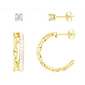 Chrystina 14k Gold Plated 2-Pair Crystal Stud & Twist Post Hoop Earring Set