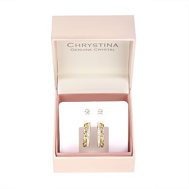 Chrystina 14k Gold Plated 2-Pair Crystal Stud & Twist Post Hoop Earring Set
