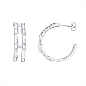 Chrystina Fine Silver Plated Baguette Crystal Double Row Post Hoop Earrings