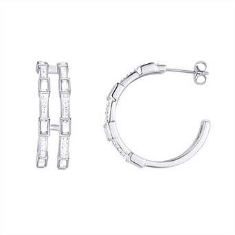 Chrystina Fine Silver Plated Baguette Crystal Double Row Post Hoop Earrings