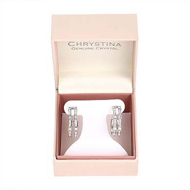 Chrystina Fine Silver Plated Baguette Crystal Double Row Post Hoop Earrings