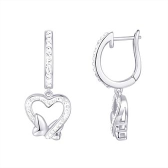 Chrystina Fine Silver Plated Crystal Heart & Butterfly Charm Hoop Earrings