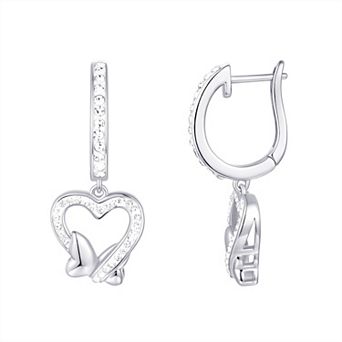 Chrystina Fine Silver Plated Crystal Heart & Butterfly Charm Hoop Earrings