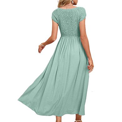 Women's Summer Dress Casual Round Neck Short Sleeve Smocked High Waist Maxi Dress with Pockets