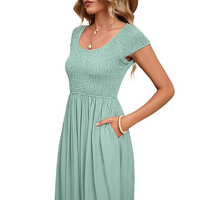 Women's Summer Dress Casual Round Neck Short Sleeve Smocked High Waist Maxi Dress with Pockets