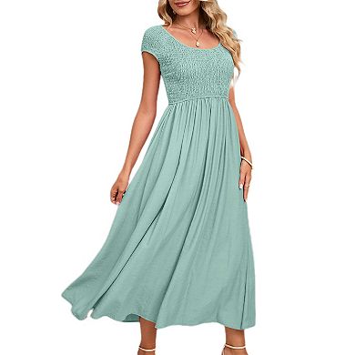 Women's Summer Dress Casual Round Neck Short Sleeve Smocked High Waist Maxi Dress with Pockets