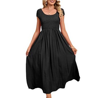 Women's Summer Dress Casual Round Neck Short Sleeve Smocked High Waist Maxi Dress with Pockets