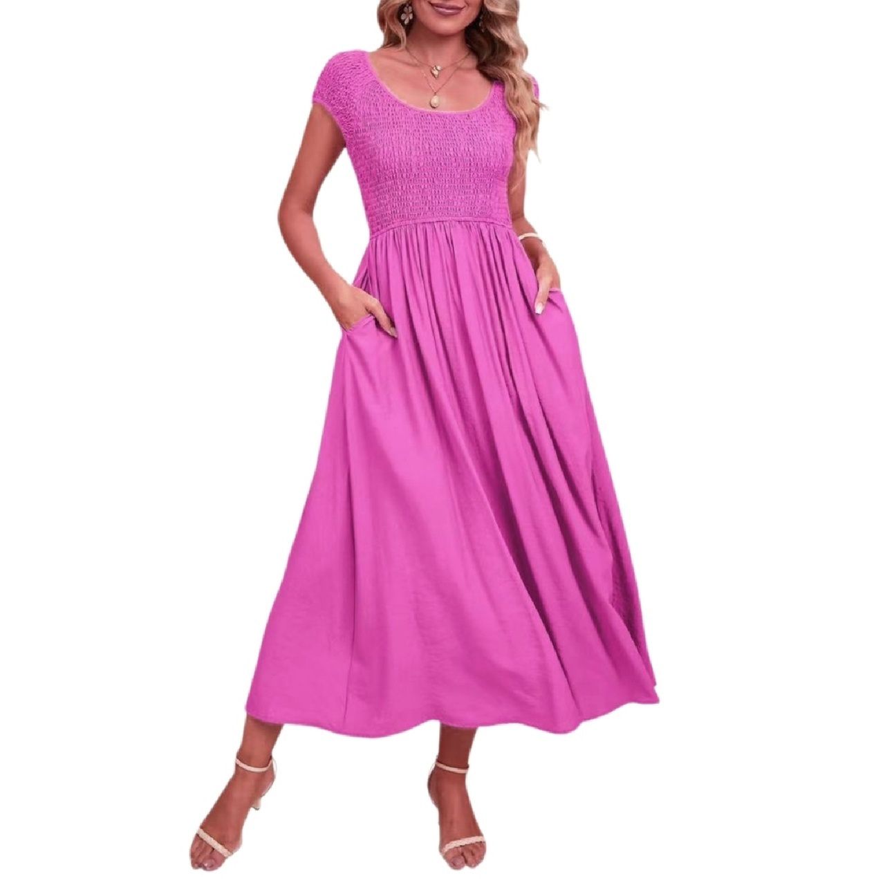 Женские платья Summer Dress Casual Round Neck Short Sleeve Smocked High Waist Maxi Dress with Pockets