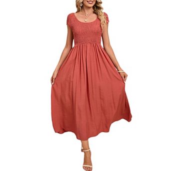 Women's Summer Dress Casual Round Neck Short Sleeve Smocked High Waist Maxi Dress with Pockets