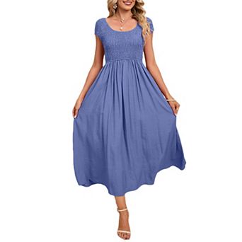 Women's Summer Dress Casual Round Neck Short Sleeve Smocked High Waist Maxi Dress with Pockets