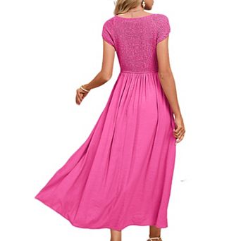 Women's Summer Dress Casual Round Neck Short Sleeve Smocked High Waist Maxi Dress with Pockets