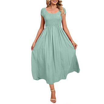 Women's Summer Dress Casual Round Neck Short Sleeve Smocked High Waist Maxi Dress with Pockets