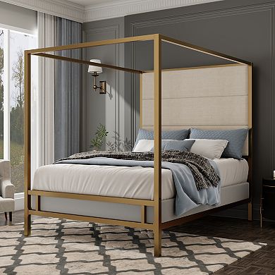 Merax Modern Canopy Bed with Tall Linen Fabric Upholstered Headboard
