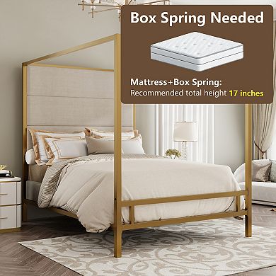 Merax Modern Canopy Bed with Tall Linen Fabric Upholstered Headboard
