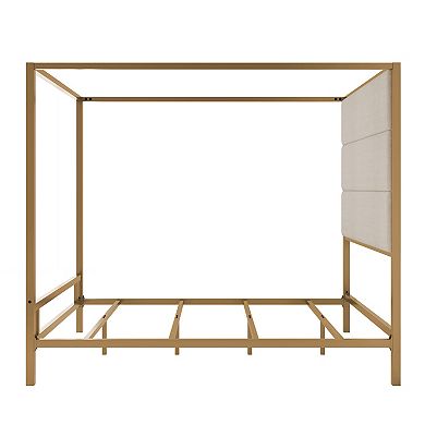 Merax Modern Canopy Bed with Tall Linen Fabric Upholstered Headboard