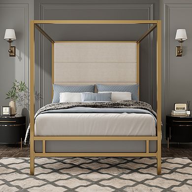 Merax Modern Canopy Bed with Tall Linen Fabric Upholstered Headboard