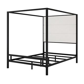 Merax Modern Canopy Bed with Tall Linen Fabric Upholstered Headboard