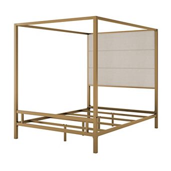 Merax Modern Canopy Bed with Tall Linen Fabric Upholstered Headboard