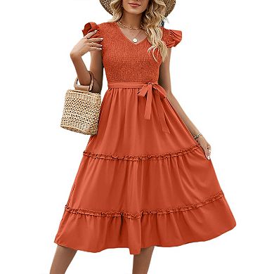 Women's Summer V Neck Smocked Maxi Dress Puff Sleeve Pregnancy Baby Shower Photoshoot Dress