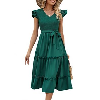 Women's Summer V Neck Smocked Maxi Dress Puff Sleeve Pregnancy Baby Shower Photoshoot Dress
