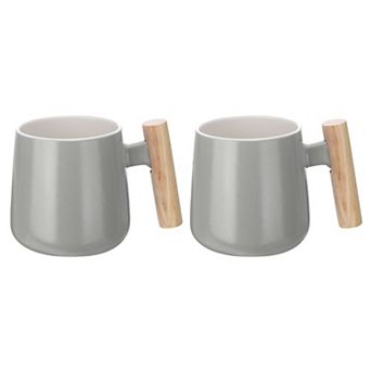2 pc Ceramic Coffee Mug 12.85 Oz Wooden Handle Large Coffee Mugs Handmade Ceramic Tea Cup