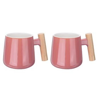 2 pc Ceramic Coffee Mug 12.85 Oz Wooden Handle Large Coffee Mugs Handmade Ceramic Tea Cup