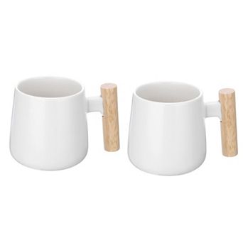 2 pc Ceramic Coffee Mug 12.85 Oz Wooden Handle Large Coffee Mugs Handmade Ceramic Tea Cup