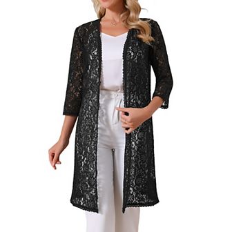 Women's 3/4 Sleeve Lace Cardigan Elegant Bolero Shrugs Long Flowy Crochet Open Cardigan Outfits