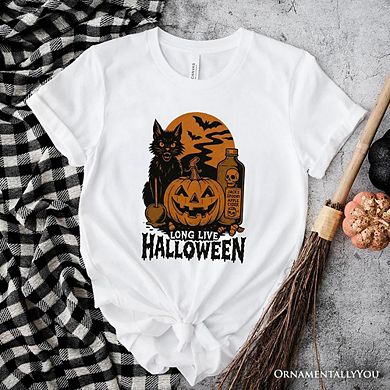 Long Live Halloween T-Shirt, Retro Black Cat Pumpkin Tee for Horror Fans