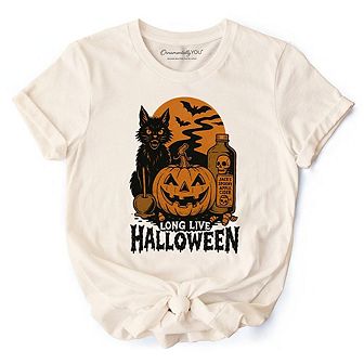 Long Live Halloween T-Shirt, Retro Black Cat Pumpkin Tee for Horror Fans
