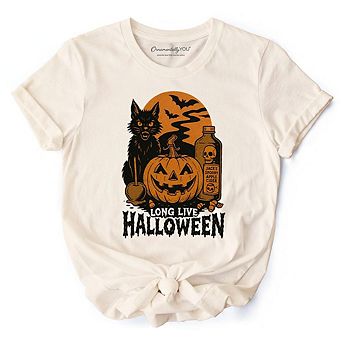 Long Live Halloween T-Shirt, Retro Black Cat Pumpkin Tee for Horror Fans