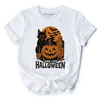 Long Live Halloween T-Shirt, Retro Black Cat Pumpkin Tee for Horror Fans