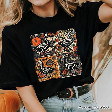 Skeleton Goose Patchwork T-Shirt, Floral Halloween Tee for The Spooky Season