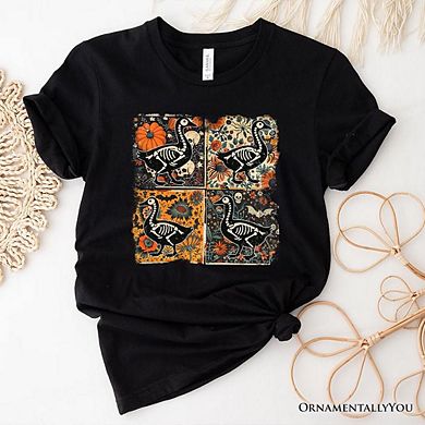 Skeleton Goose Patchwork T-Shirt, Floral Halloween Tee for The Spooky Season