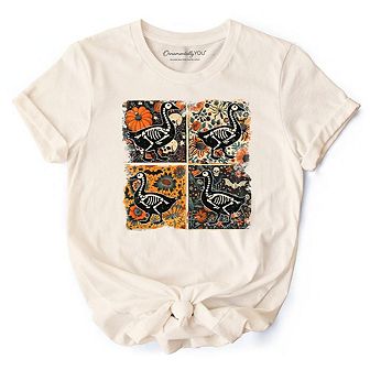 Skeleton Goose Patchwork T-Shirt, Floral Halloween Tee for The Spooky Season