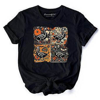 Skeleton Goose Patchwork T-Shirt, Floral Halloween Tee for The Spooky Season