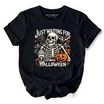 Just Waiting for Halloween T-Shirt, Spooky Skeleton Tee for Autumn Season